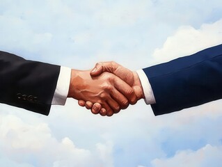 Two business professionals shake hands in agreement against a serene sky, symbolizing partnership and collaboration.