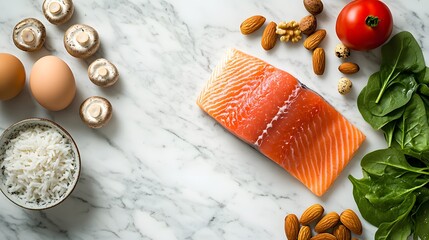 A white marble countertop displaying healthy food ingredients like raw salmon and beef steak, arranged in a vibrant flat lay that highlights freshness and cleanliness in food styling.