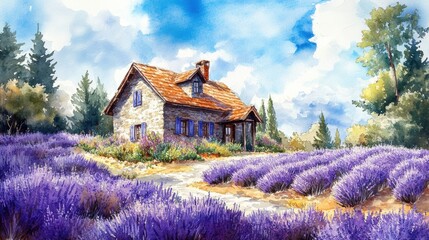 Charming stone house surrounded by vibrant lavender fields under a bright blue sky, perfect for tranquil scenes and nature lovers.