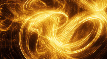 Golden glowing light trails swirling across a dark, inky background, forming fluid, dynamic patterns full of movement.