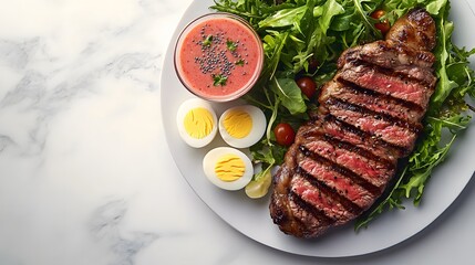 Wall Mural - A white marble tabletop featuring grilled steak, hard-boiled eggs, and fresh salad, illustrating a balanced keto meal with appetizing colors and soft natural lighting.