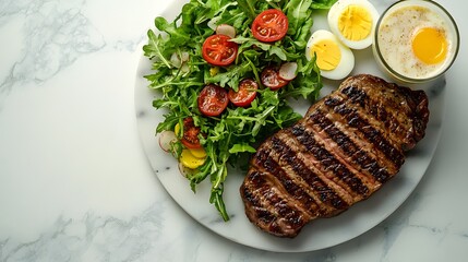 Wall Mural - A white marble tabletop featuring grilled steak, hard-boiled eggs, and fresh salad, illustrating a balanced keto meal with appetizing colors and soft natural lighting.