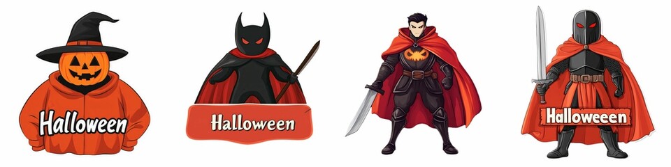 Wall Mural - Illustration set featuring a pumpkin-headed figure in a witch hat, dark hooded characters with Halloween text, and two heroic figures in black armor and red capes holding swords.