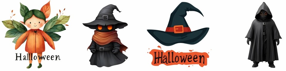 Wall Mural - A Halloween-themed collection featuring an autumn elf with leaf wings, a dark witch with glowing eyes, a black witch hat with an orange buckle, and a hooded figure with a sinister face.