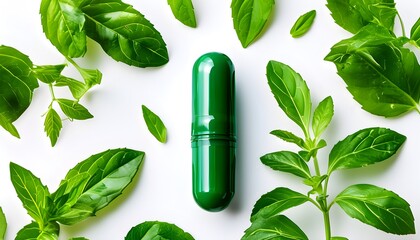 Natural health wellness showcased through green herbal capsules nestled among fresh leaves on a clean white background