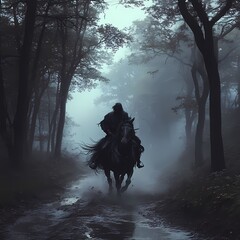 enigmatic encounter: headless horseman riding through a sleepy hollow foggy forest