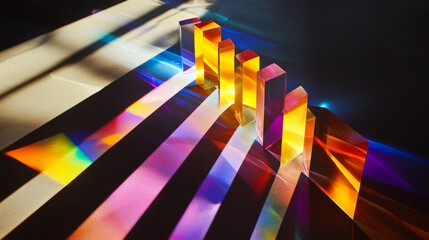 Poster - Sharp, angular prisms reflect vivid beams of light, breaking into vibrant spectrums of color from yellow to violet, casting dynamic shadows on a black background.