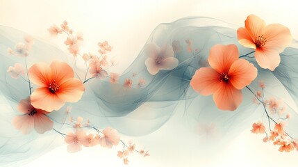 Poster - A painting of pink flowers with a blue background