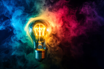 A glowing light bulb surrounded by colorful smoke, symbolizing creativity and innovation.