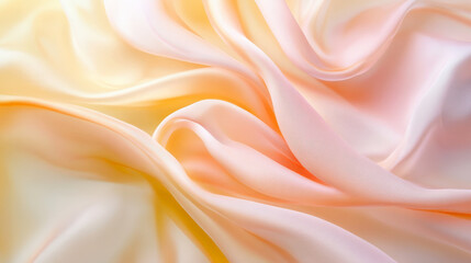 Poster - Silky smooth fabric in pastel pink and light yellow, flowing and swirling in abstract waves, creating a soft, calming background.