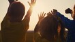 © maxximmm - happy family kids people group pull hands to the sun teamwork. silhouette people party dancing recreation holiday. kids at a music concert pull their hands up. religion concept lifestyle sunlight