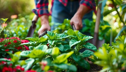 Dedicated gardener nurturing vibrant green plants in a lush outdoor garden with close-up focus on hands and tools in action