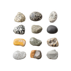 collection of smooth river rocks isolated on white background