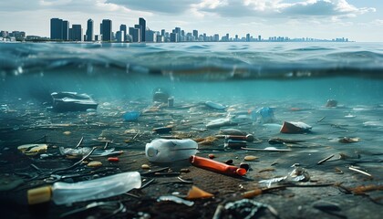 Wall Mural - Urban coastline showcasing polluted ocean water and underwater debris against a backdrop of a prominent city skyline, emphasizing urgent environmental issues.