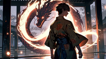 Wall Mural - anime man in a kimono robe and a dragon background.