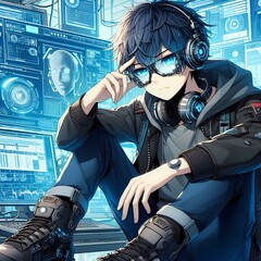 Wall Mural - anime man sitting and cyber glasses, mechanics, technological screen background.