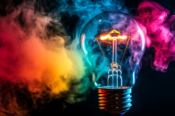 a glowing light bulb surrounded by colorful smoke, symbolizing creativity and innovation.