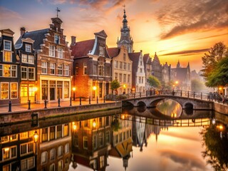 Netherlands architectural heritage eclectic ornate details historic landmarks warm earthy tones soft golden light subtle color palette atmospheric misty mornings