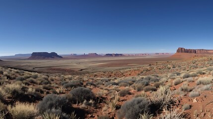 Wall Mural - A vast desert landscape with red rock formations under a clear blue sky.