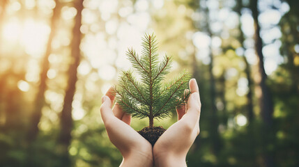 A pair of hands nurturing a young tree in a serene forest, symbolizing growth, nature