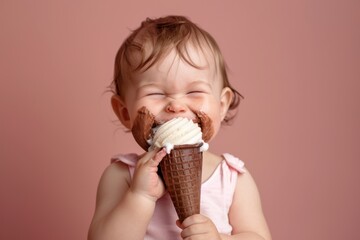 Adorable young infant brown hair beams cheerful smile. Infant enjoying her playful time captivating soft look. Little one can't get enough of their ice cream.