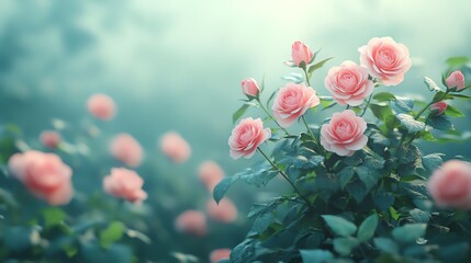 Soft pink roses bloom in a lush green garden, bathed in a gentle glow.