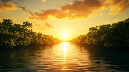 A picturesque sunset over a mangrove forest, with warm, golden light illuminating the trees and water, creating a tranquil and scenic coastal view.