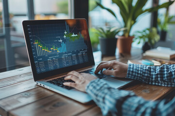 Poster - Businessman analyzing business diagrams, marketing statistics, and finance market graphs on a laptop