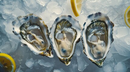 Fresh raw oysters on the half shell with mignonette and lemon.