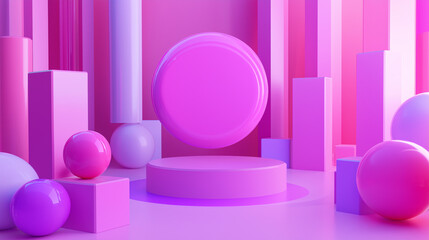 Poster - Minimalistic pink pedestal surrounded by geometric shapes for product placement