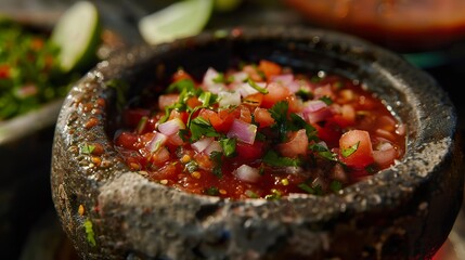 Freshly made salsa roja in a traditional molcajete.