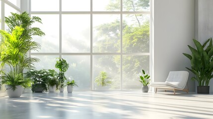 Poster - Serene Tropical-Inspired Interior with Lush Greenery and Sunlit Glass Window