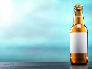 Wall Mural - Blank beer bottle on a black slate surface, with reflections and cool blue lighting, blank label beer, modern mock-up