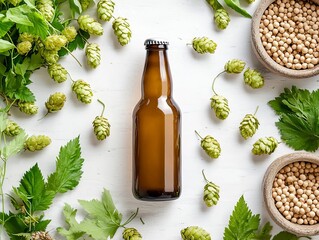 Wall Mural - Blank label beer bottle in an outdoor setting, surrounded by fresh ingredients like hops and barley, beer bottle mock-up, artisan brewery theme