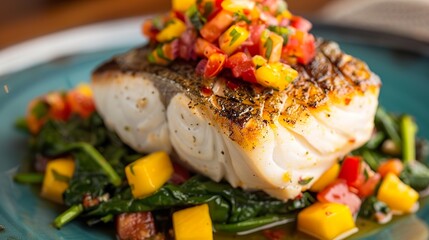 Grilled halibut with a tropical fruit salsa and saut?(C)ed spinach.