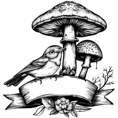 Poster - Ribbon with mushroom bird art illustrated.