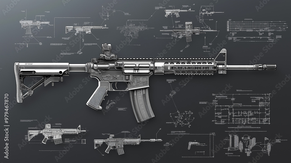 Assault Rifle Rectangle Shape Assault rifle surrounded by technical specifications and blueprints ...