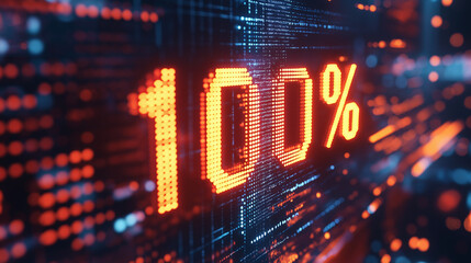 One hundred percent sign showing on digital display with running code