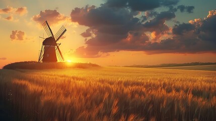 A serene sunset over a field with a windmill, capturing the beauty of nature and agriculture.