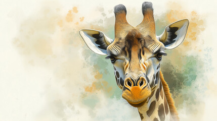 Giraffe staring intently with watercolor background