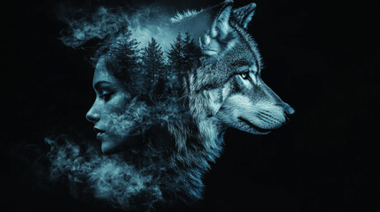 Wall Mural - A woman and a wolf are shown in a black and blue background