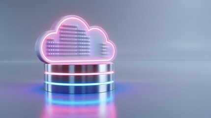 A digital cloud symbol illuminated with vibrant neon lights, representing modern technology and data storage solutions.