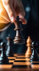 A hand strategically moves a black king chess piece during an intense game, showcasing the art and strategy of chess.