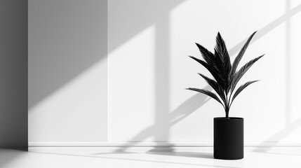 Poster - Sunlight casting shadows in minimalist room with plant