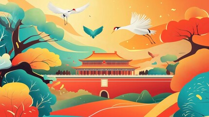 a red-crowned crane gracefully flying over tiananmen square in a vibrant vector illustration with ge