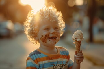 Joyful baby charming smile and fluffy hair giggles cheerfully. Kid enjoys the creamy goodness of ice cream.  Tender moments of early life that promise bright future.