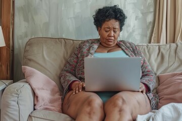 Mature adult expressing elegance leveraging modern communication tools. Urban setting senior woman jacket happily working her laptop. Remote Work Efficiency: Overcoming Major Hurdles..