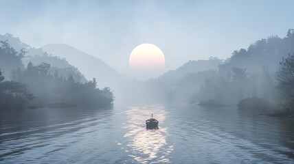 A serene sunrise scene featuring a large sun illuminating a winding river, with a small boat gently floating, surrounded by a landscape of foggy mountains creating a peaceful atmosphere