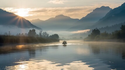 A serene sunrise scene featuring a large sun illuminating a winding river, with a small boat gently floating, surrounded by a landscape of foggy mountains creating a peaceful atmosphere