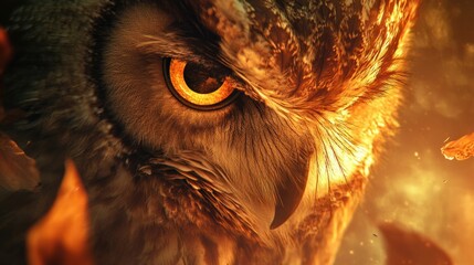 A close-up of an owl feathers illuminated by soft golden light, with its eyes focused sharply on its surroundings.